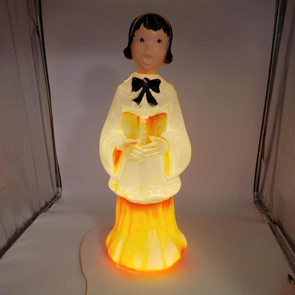 VTG Christmas Choir Girl Blow Mold Light Up Holiday Decor 30" Girl Hymn READ